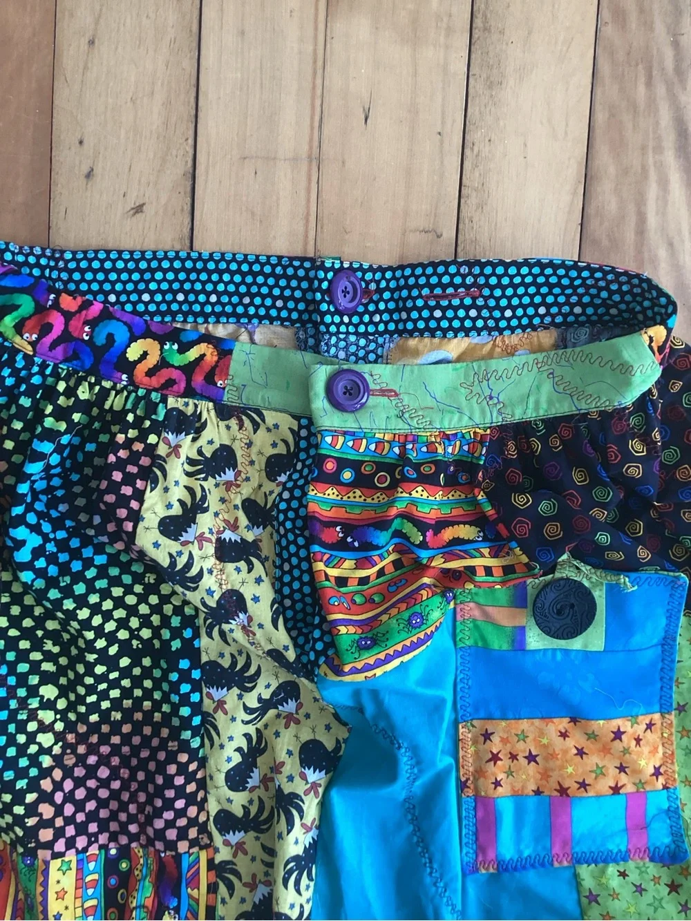 Upcycle Annie patchwork side /front pocket cotton tiered ruffle midi skirt. M-L